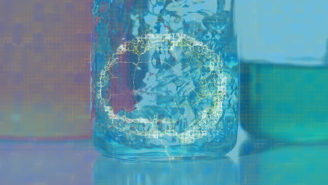 animación del cerebro sobre el líquido que se vierte en vasos medidores sobre fondo azul