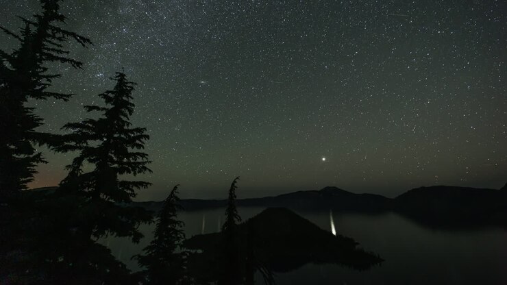 Lago vulcanico di notte sotto le stelle