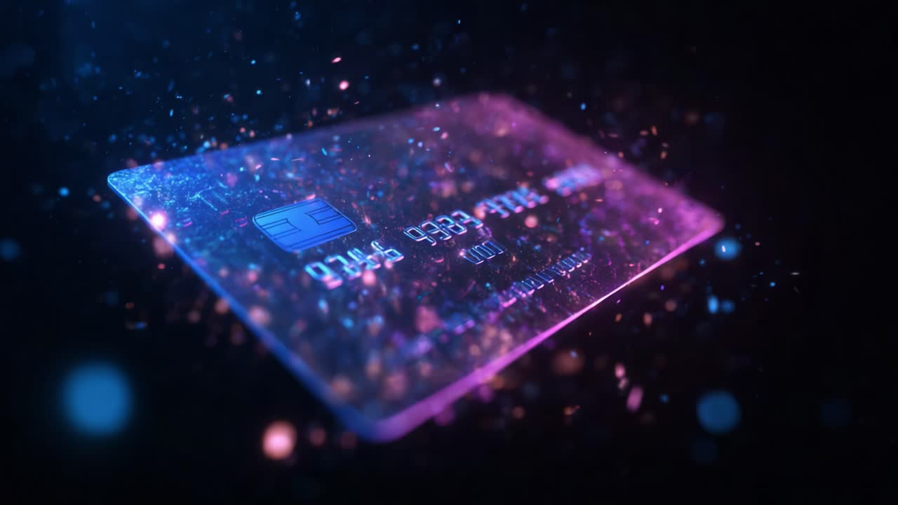 A mesmerizing close-up of a digital payment card, showcasing luminescent particles and a futuristic design that highlights the evolution of financial transactions in the modern era