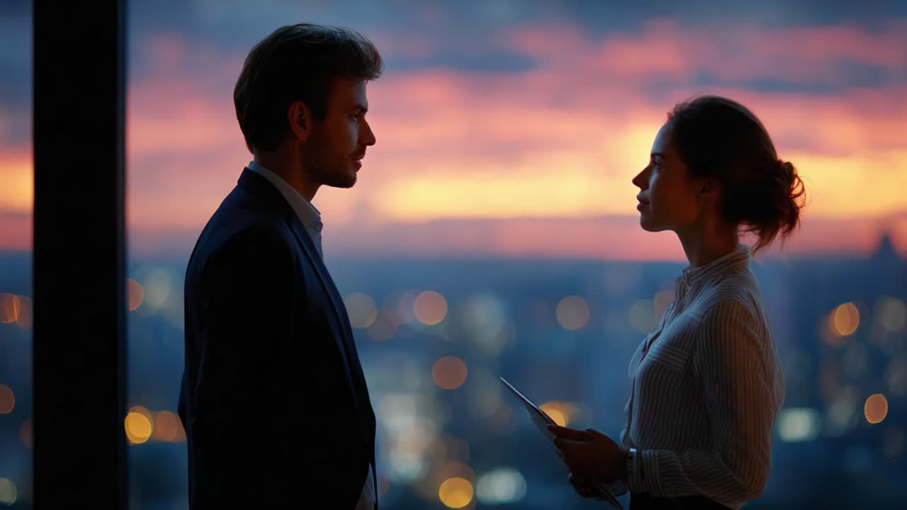 A Dramatic Dialogue Between Two Professionals Against a Stunning Urban Sunset, Capturing Intense Emotions and the Beauty of Connection in an Office Setting