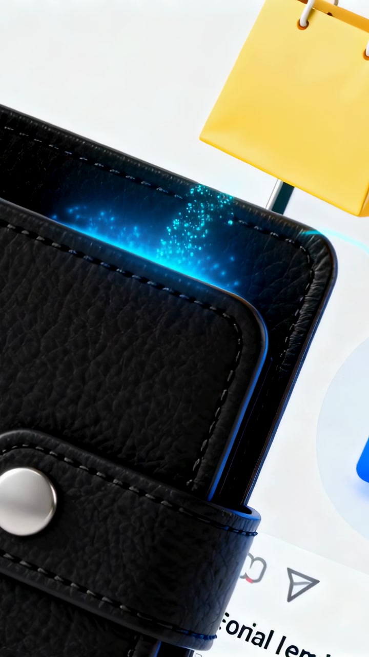 Adult hand lowering shopping bag and producing blue digital glow across wallet and phone for retail