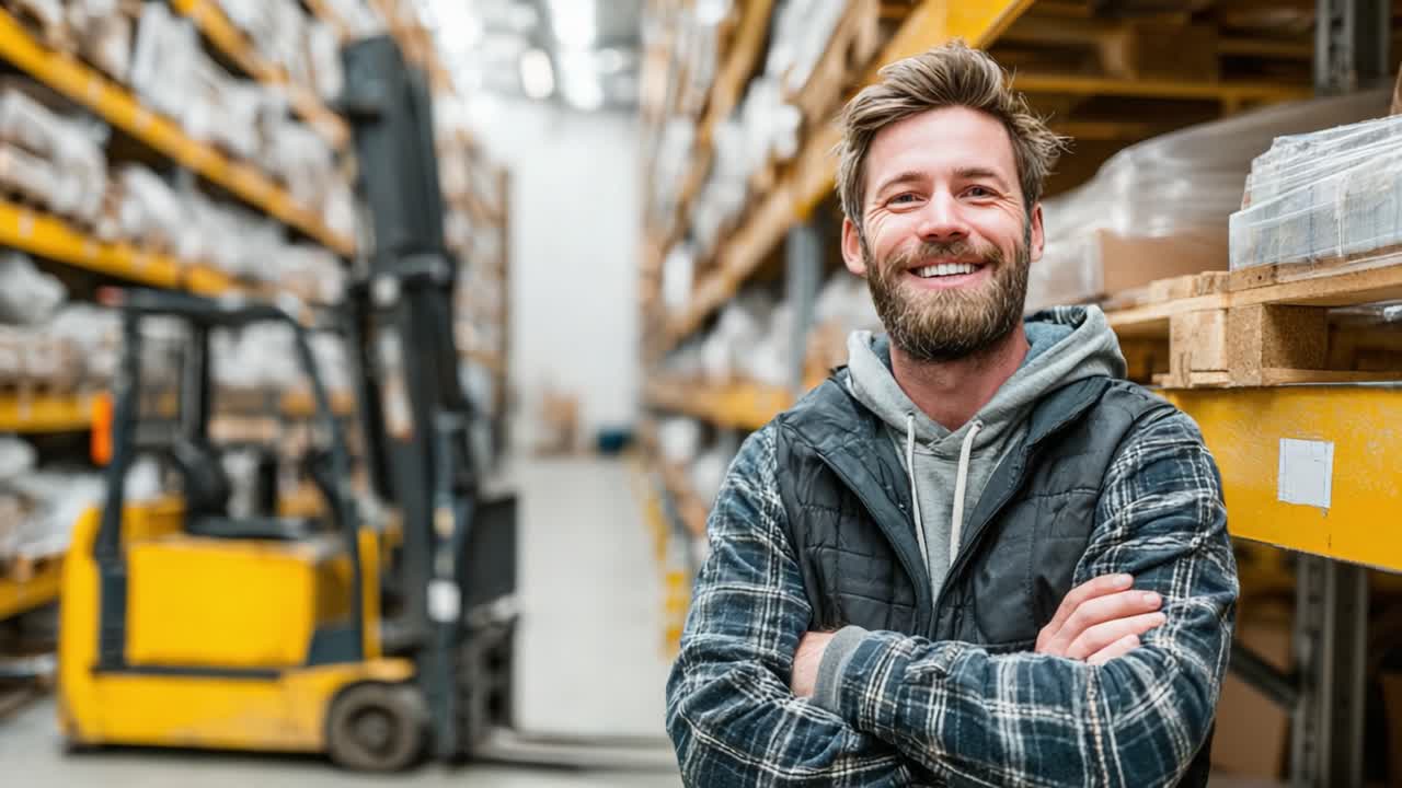 Un sorridente magazziniere che posa con sicurezza in un magazzino organizzato, trasmettendo positività e dedizione al suo lavoro e all'ambiente del team