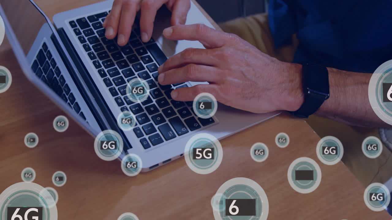 Typing on laptop, hands with floating 6G technology animation in school