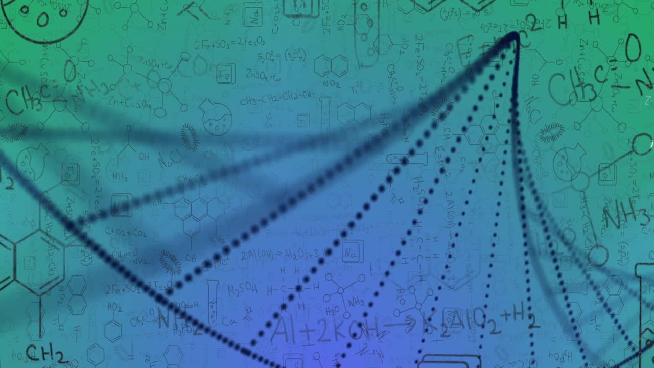 Animation of dna strand and shapes over chemical equations