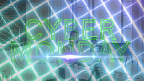 animación de texto verde cyber lunes y cuadrícula de neón, sobre mujer filmando vlog
