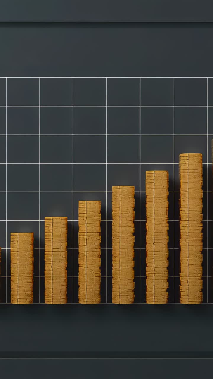 Vertical video: Animation starting gold coin stacks rising on dark shelf, grid lines forming chart