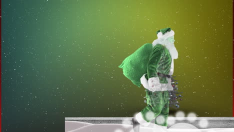 animation of snow falling over green santa claus against green gradient background