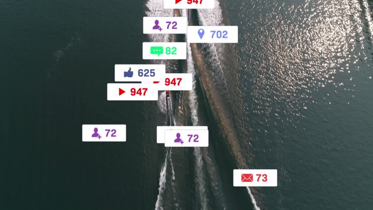 Animation of numbers, icons in notification bars, aerial view of boat moving in ocean