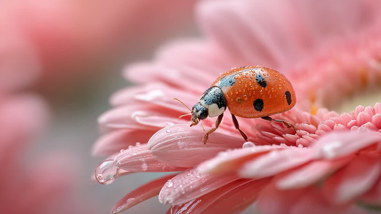 A Close-Up View of a Vibrant Ladybug on a Delicate Pink Flower Petal, Captured in a Moment of Nature's Beauty Surrounded by Glimmering Dew Drops