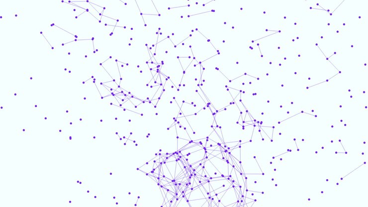 Linee e punti viola connessi in forme geometriche continue su gradiente bianco