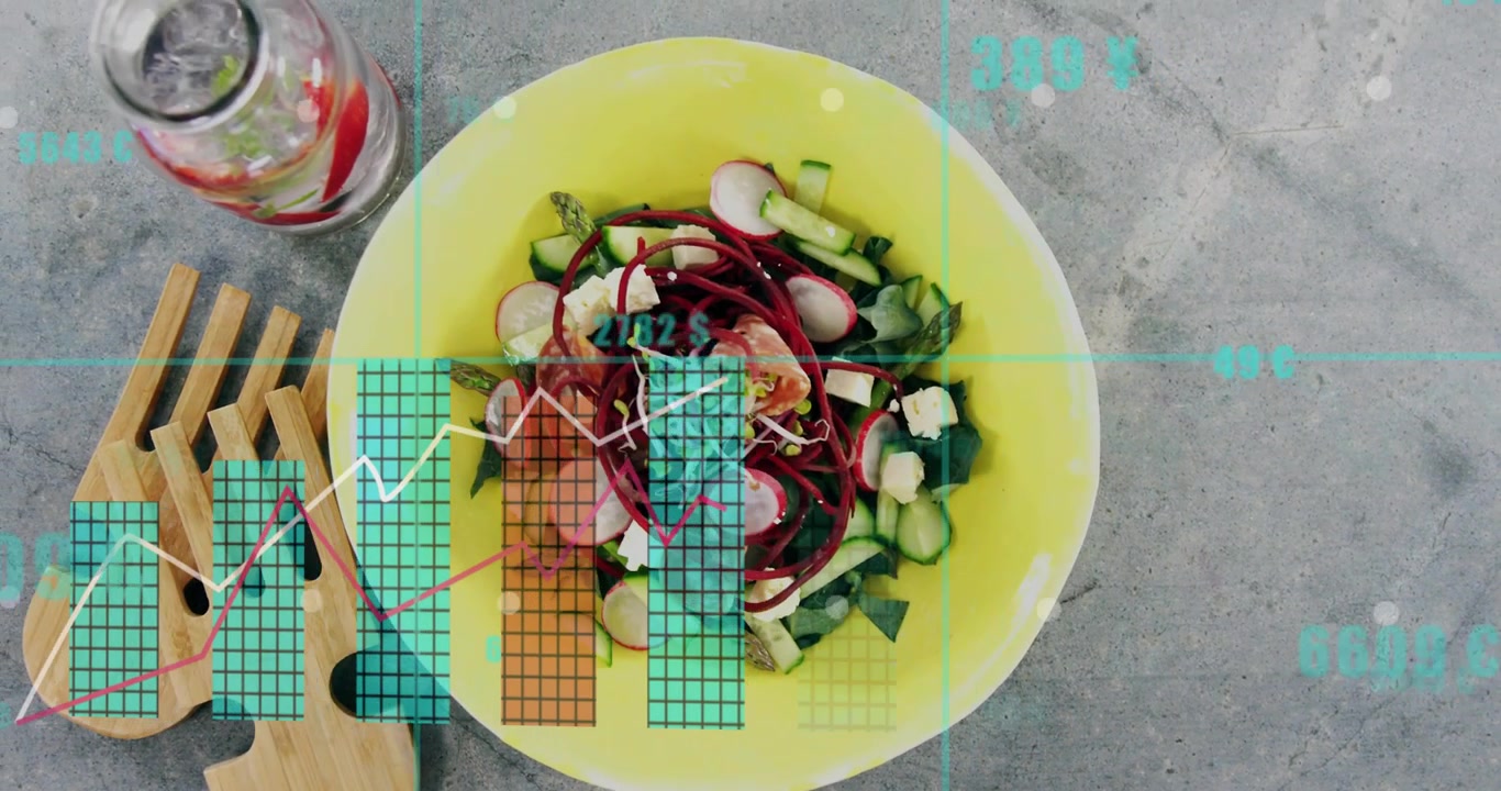 Datafeed starter, gennemsigtige grafer stiger over gul skål og salat, visualiserer datatrends.