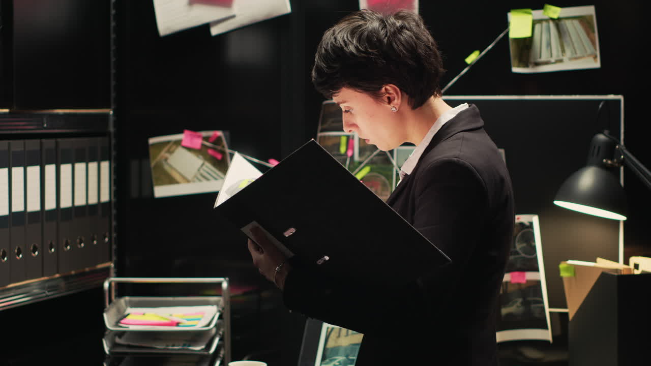 Detective reviewing case file in office