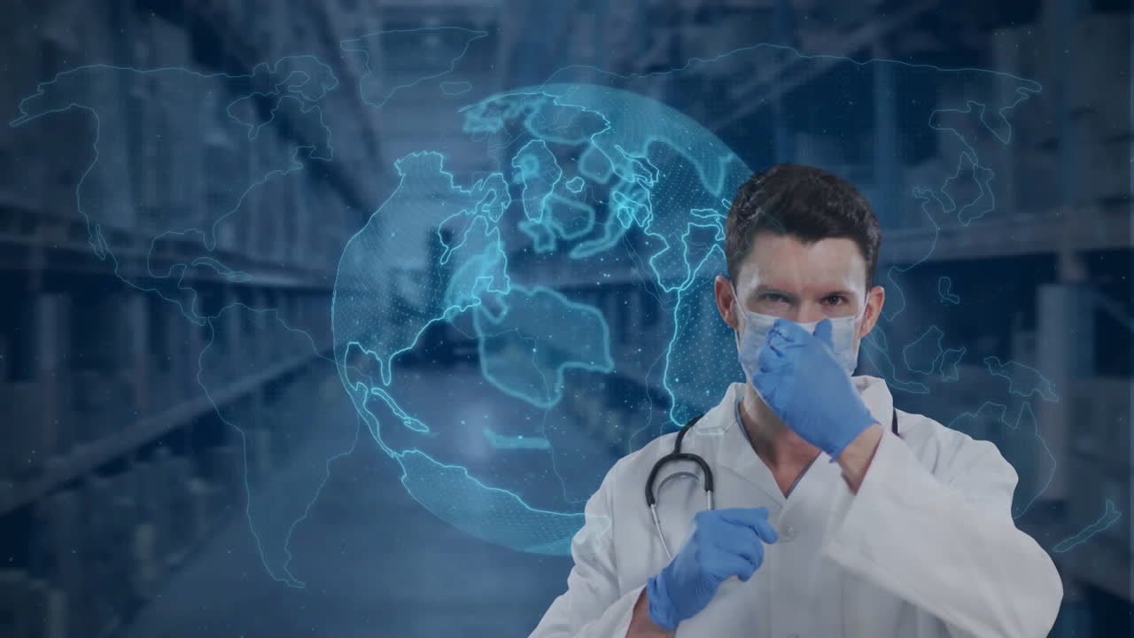 Animación de un globo terráqueo girando sobre un médico caucásico con mascarilla.