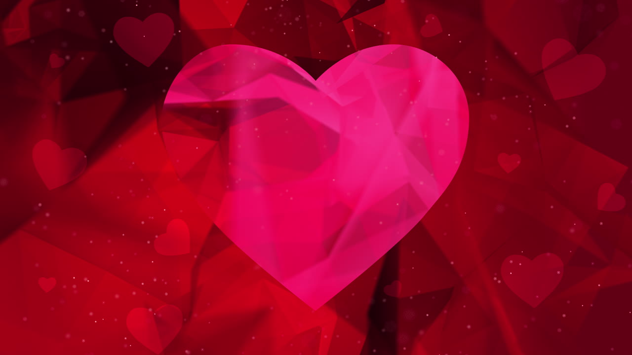 Red animate love background with heart. Valentine's greeting polygonal card. Triangular loop motion graphic.