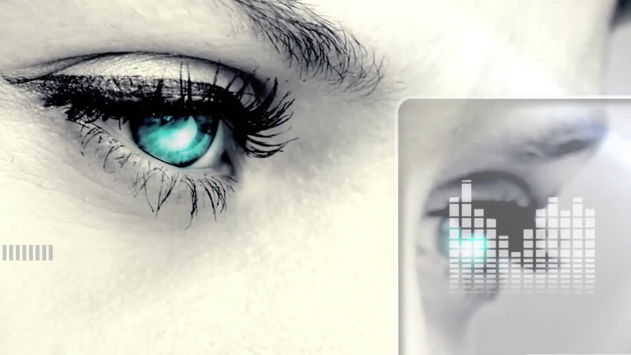 Eye displaying pixelated graphics with digital animation interface, close-up view