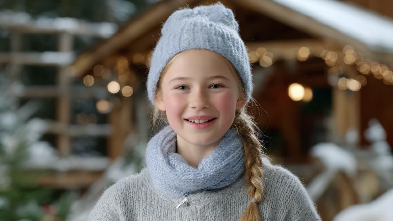 A Joyful Winter Smile: Capturing the Happiness of a Young Girl in a Cozy Hat and Scarf Surrounded by a Beautiful Winter Wonderland