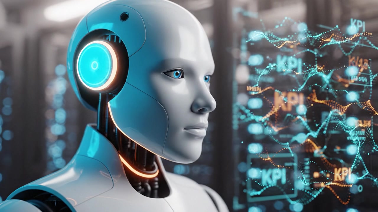 A futuristic humanoid robot stands in front of a digital interface displaying KPI metrics, showcasing advanced technology and artificial intelligence concepts.