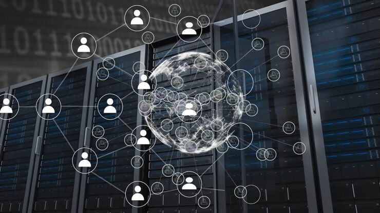 Animation of globe with icons and data processing over computer servers