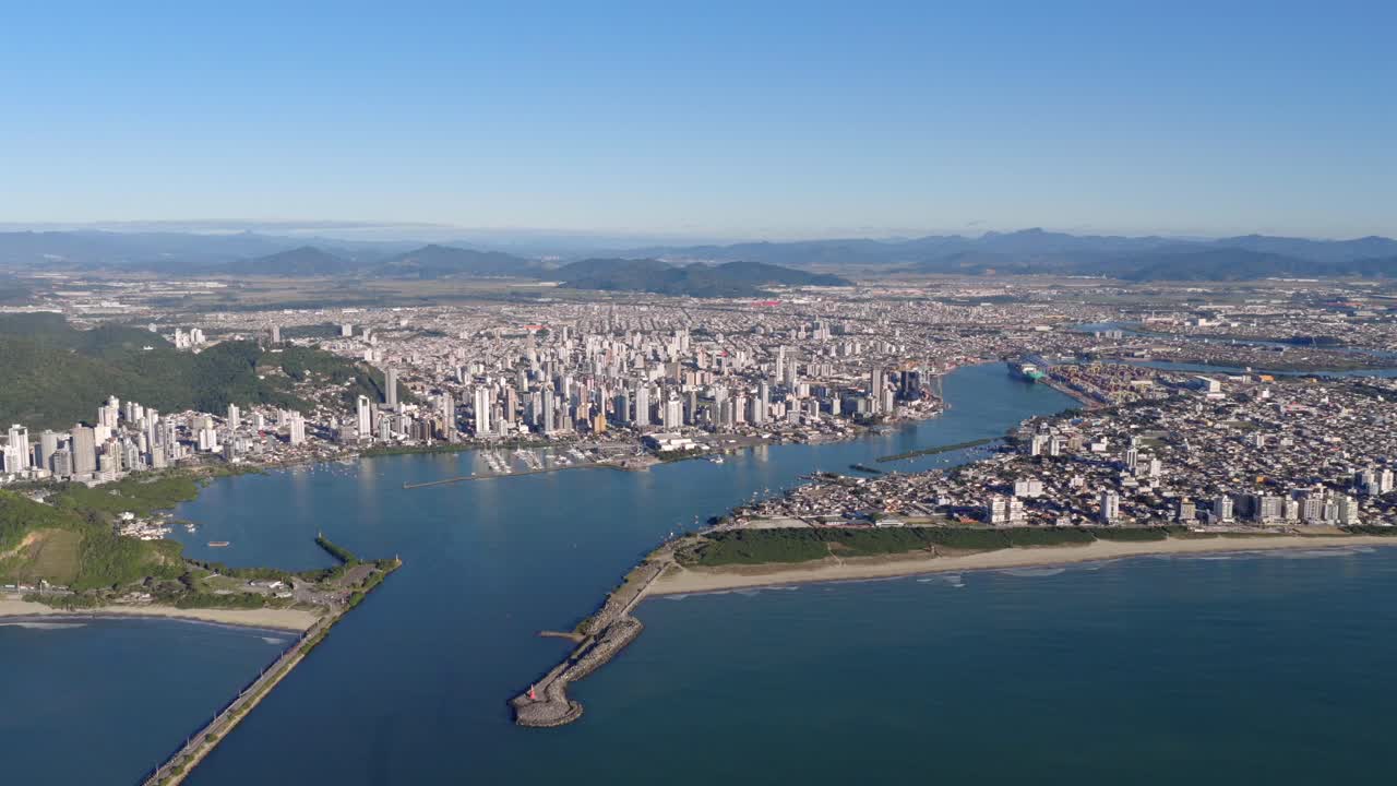Drone view of Itajai urban skyline, Brazil, economy growth and international port activity