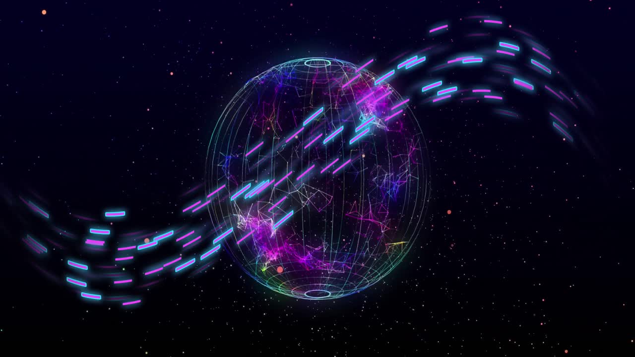 Animation of glowing light trails of data transfer over globe moving in fast motion