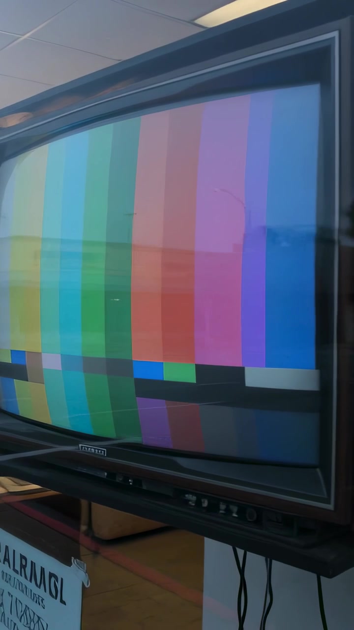 Video verticale: Telecamera che panoramica rivelando una grande TV che mostra barre colore nella vetrina di un negozio per inquadrare lo schermo.