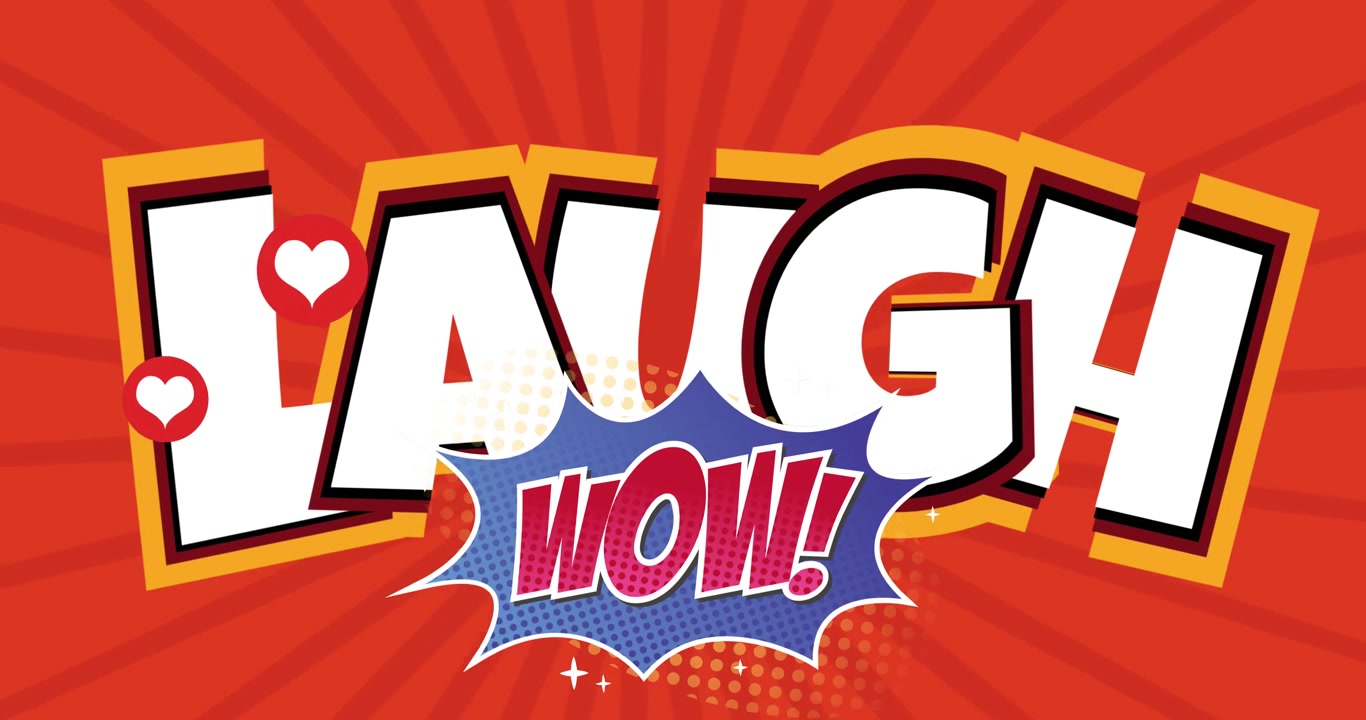 Animaatio laugh wow -tekstistä ja sydämistä punaisella taustalla