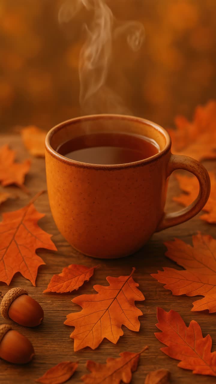 Warm autumn scene with a steaming cup of coffee surrounded by leaves
