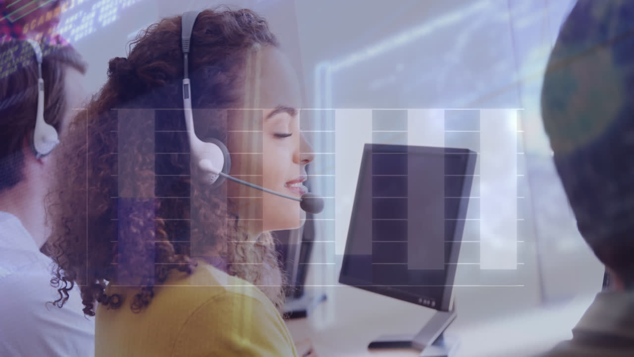 Animation of infographic interface over smiling african american woman using headphones at office