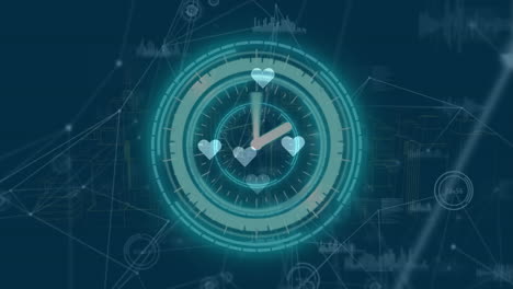 animación de corazones y reloj a través de la red de conexiones y procesamiento de datos