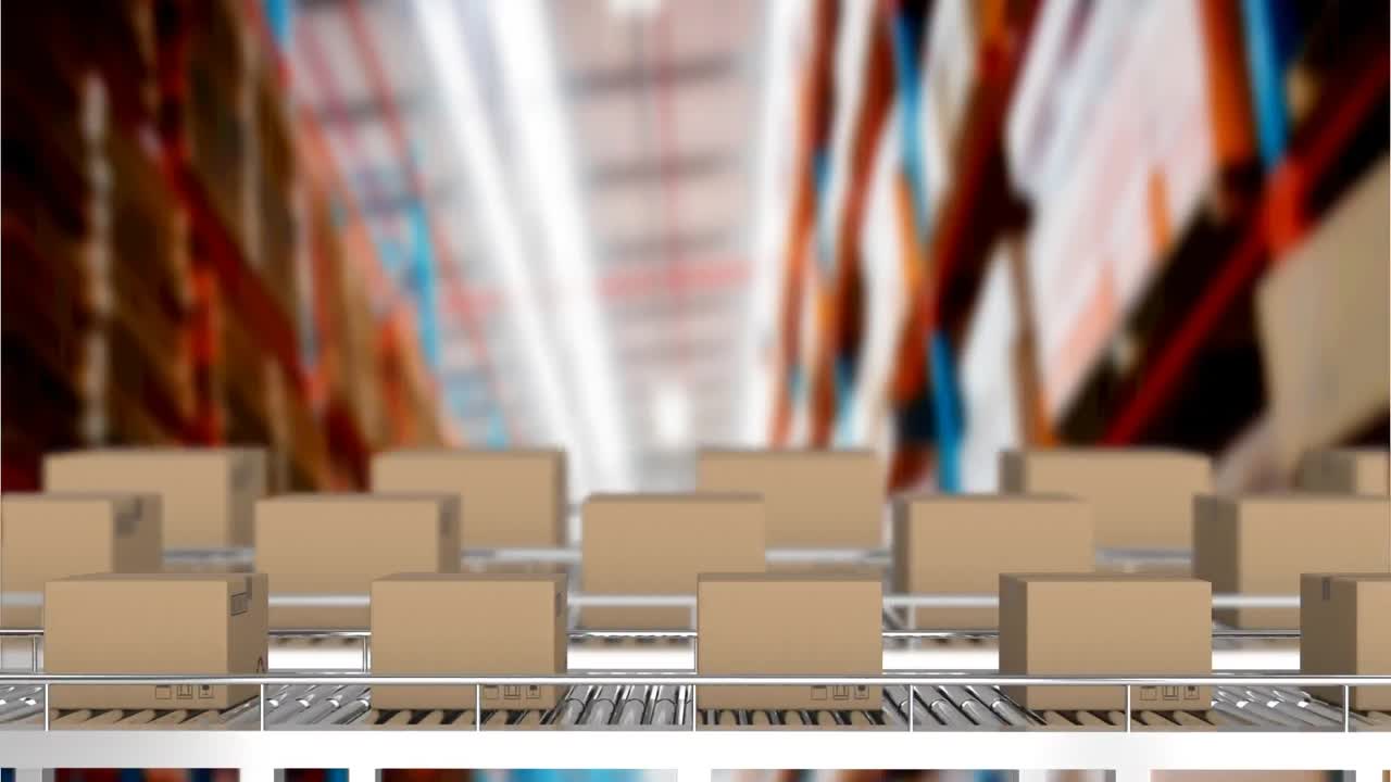 animación de cajas de cartón en cintas transportadoras en el almacén