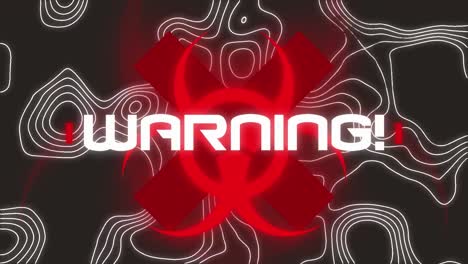 animation of warning text over white lines ad warning sing on black background