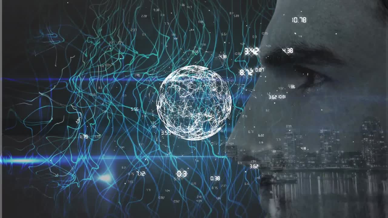 지구와 파란 파도의 애니메이션은 카우카시안 남자들이 어두운 배경에 호의합니다.