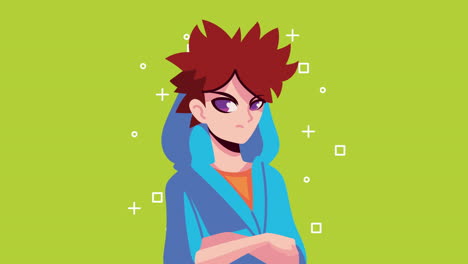 niño de anime con capucha