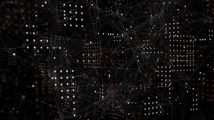 Web of connections and squares against black background