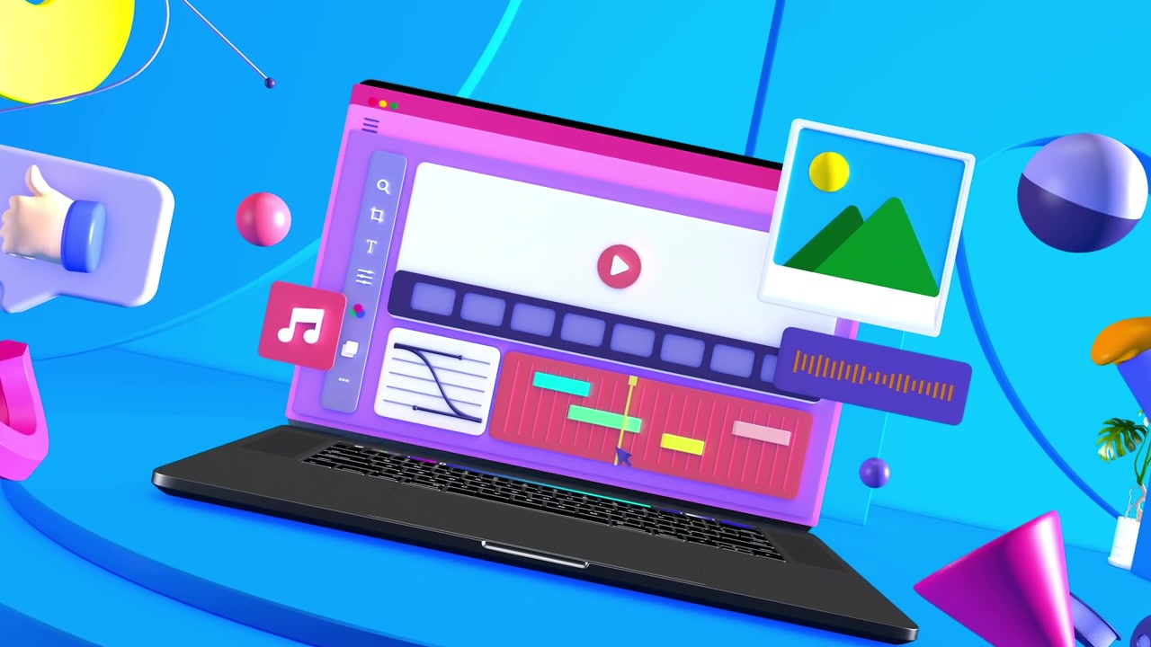 Modern Laptop Opens to Reveal Video Editing Software and Creative Icons