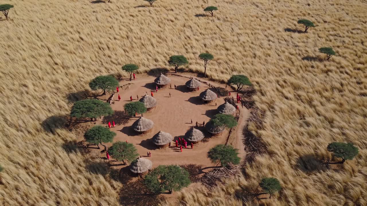 Aerial view of a traditional village surrounded by savannah