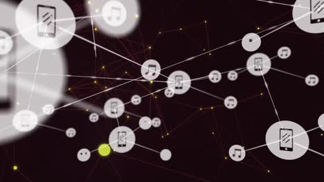 Animation-of-network-of-connections-with-digital-icons-over-yellow-spots