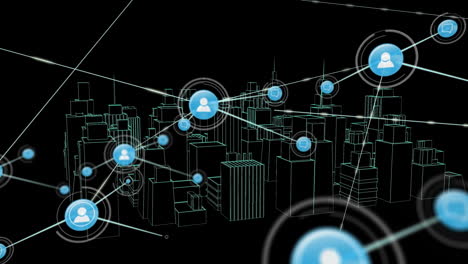 animation of networks of connections with icons over 3d city drawing spinning on black background