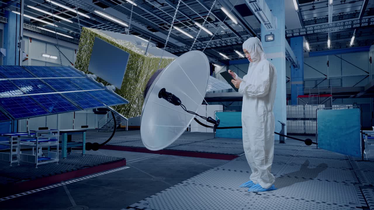 cuerpo lleno de vista lateral de científico masculino asiático tomando nota en una tableta mientras está de pie con la construcción de la nave espacial