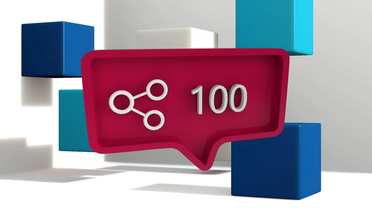 animación del icono de intercambio de redes sociales con un número creciente sobre cubos azules sobre fondo blanco.