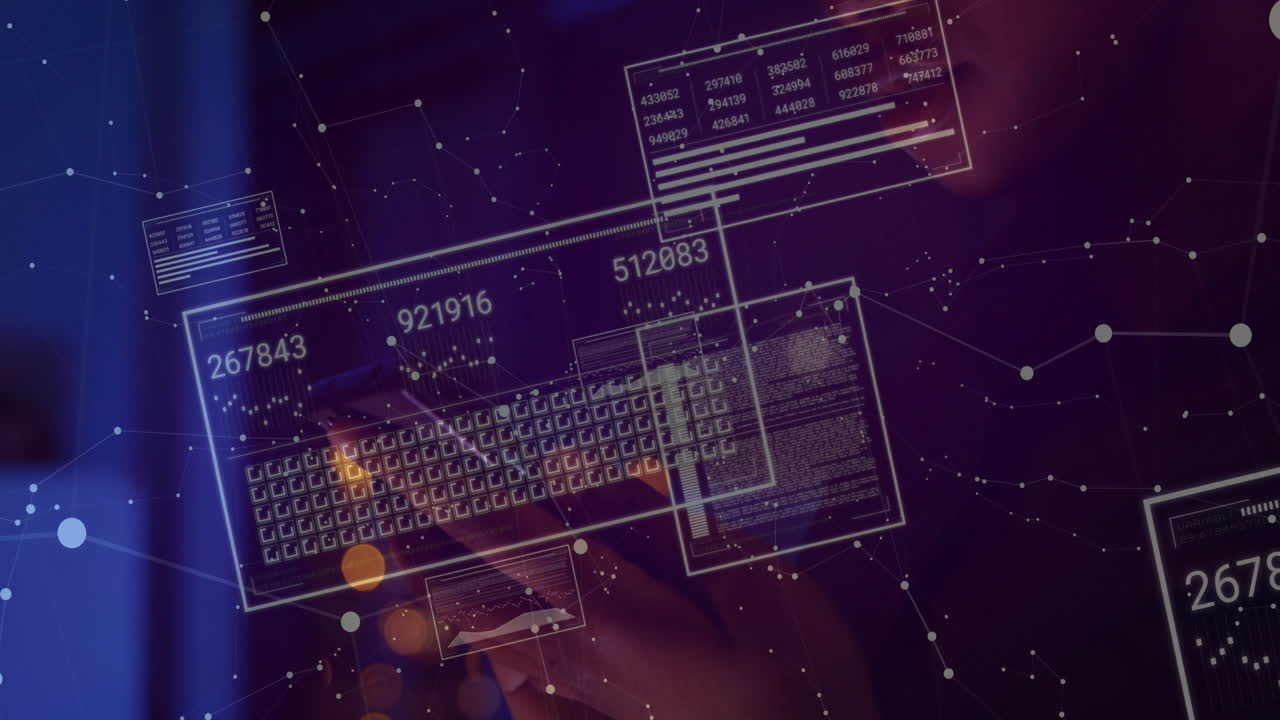 woman interacting with smartphone in tech scene, numeric panels floating above keyboard grid