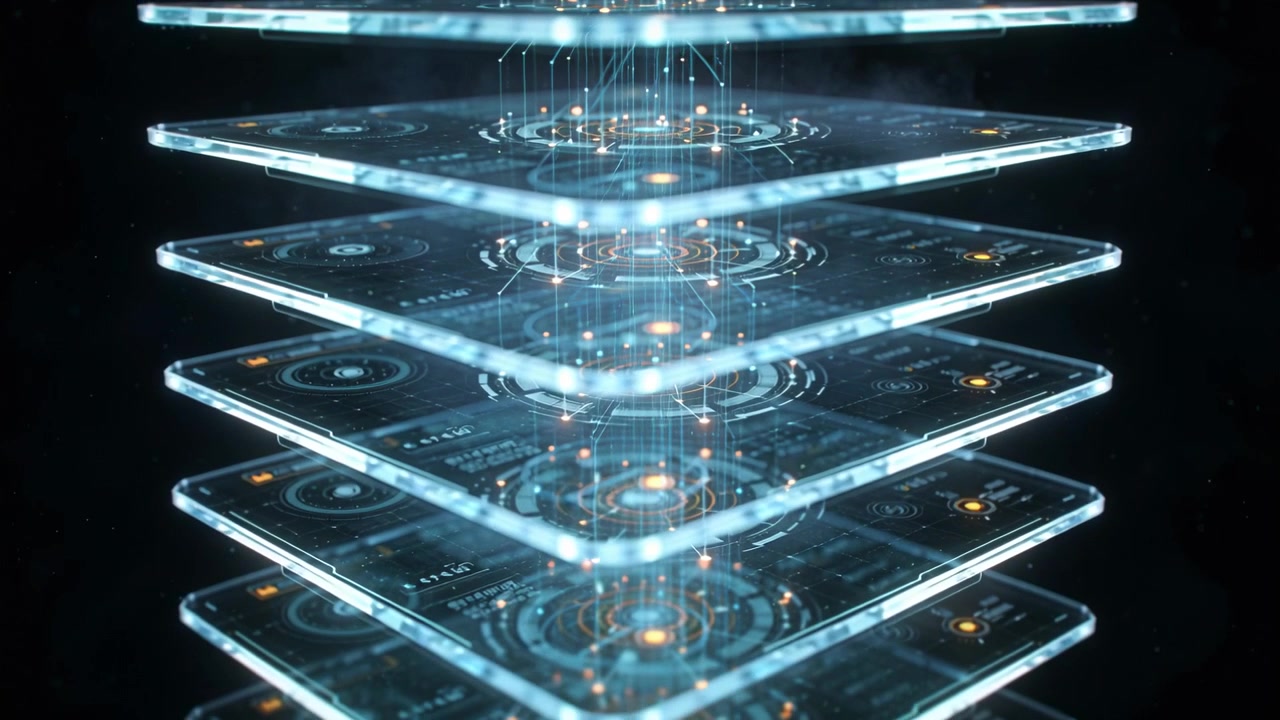 Pulsing glass HUD stack transferring data in void, light streams initiating upward node flow