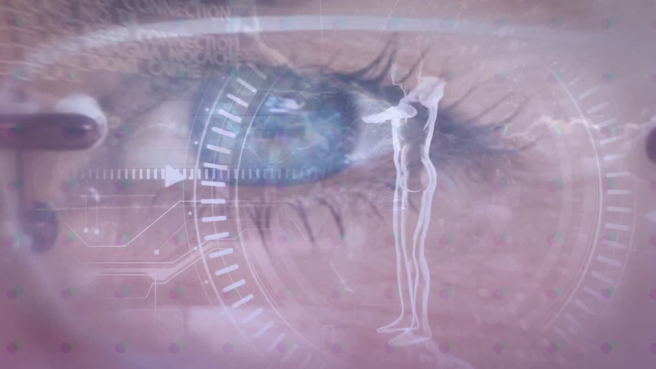 On gauge pulsing, eye showing HUD overlay while wireframe shifting, gauge rotating, completing scan