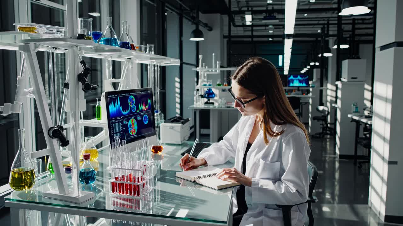 A high-angle shot of a scientist in a modern lab, analyzing data on a computer screen
