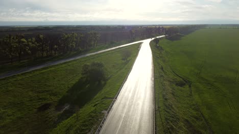 drone descends above wet asphalt road for car between sown fields in spring morning.