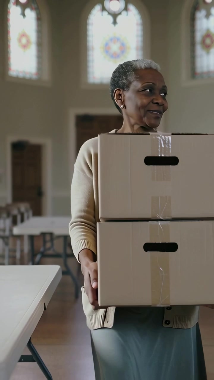 Vertical video: Carrying senior woman in cardigan 2 boxes at chest in hall man placing hand helping