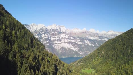 Flying-backwards-over-a-forest-in-the-Murgtal,-Switzerland