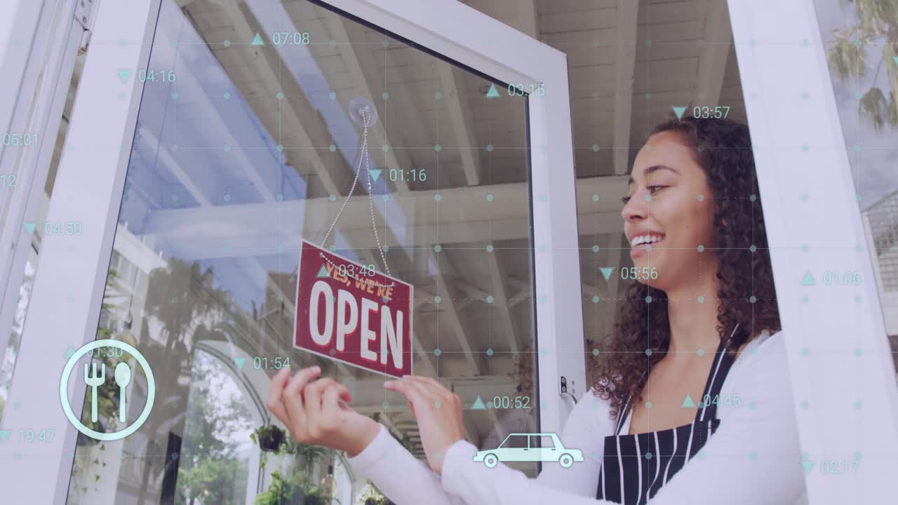 Shop owner reaching for closed sign, swapping to open sign, opening shop, HUD icons over glass