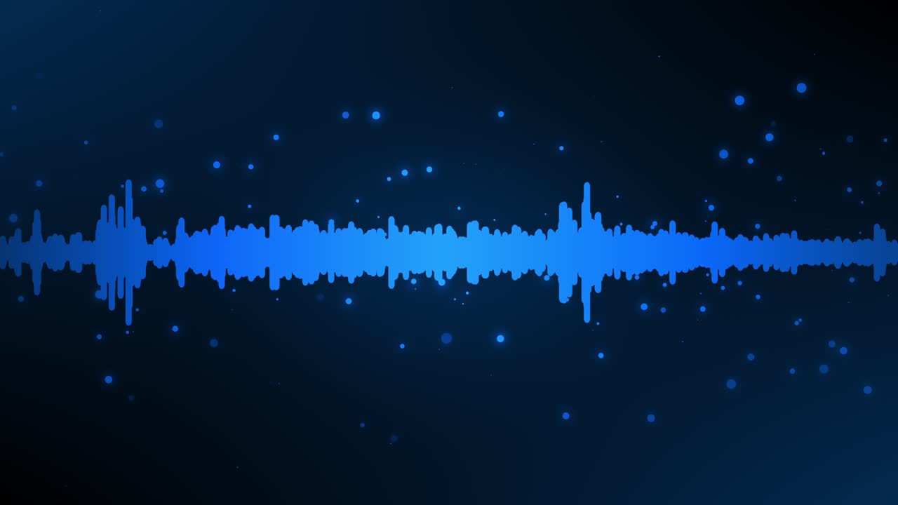 Constantly changing animation of glowing blue music sound waves radiating slowly fading circles and dust particles