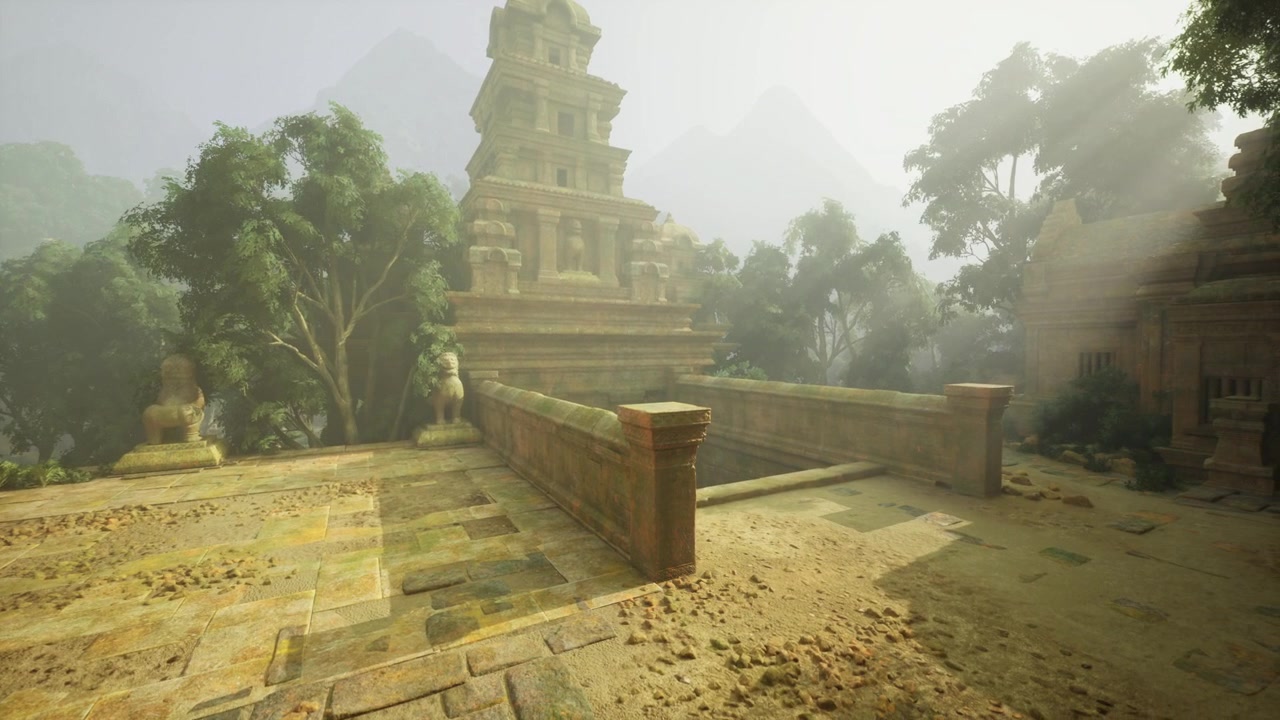 Historic forest shrine illuminated by gentle sunlight and fog
